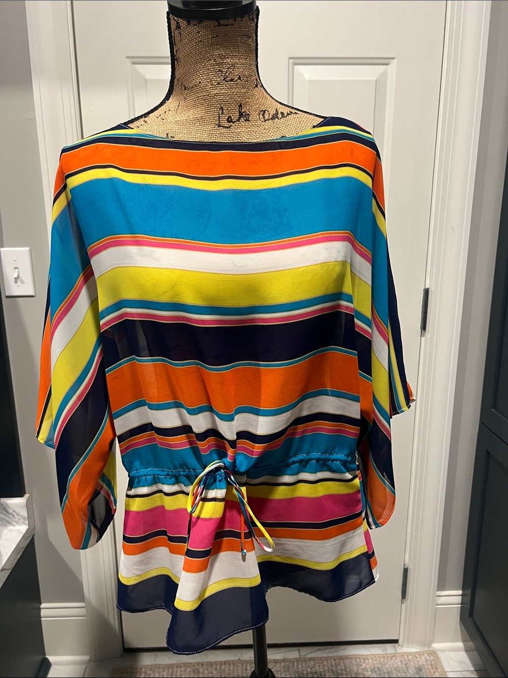 Chaps Sz XS Colorful Sheer Striped Tie-Waist Top Multicolor Beach Cruise Travel - Picture 1 of 11